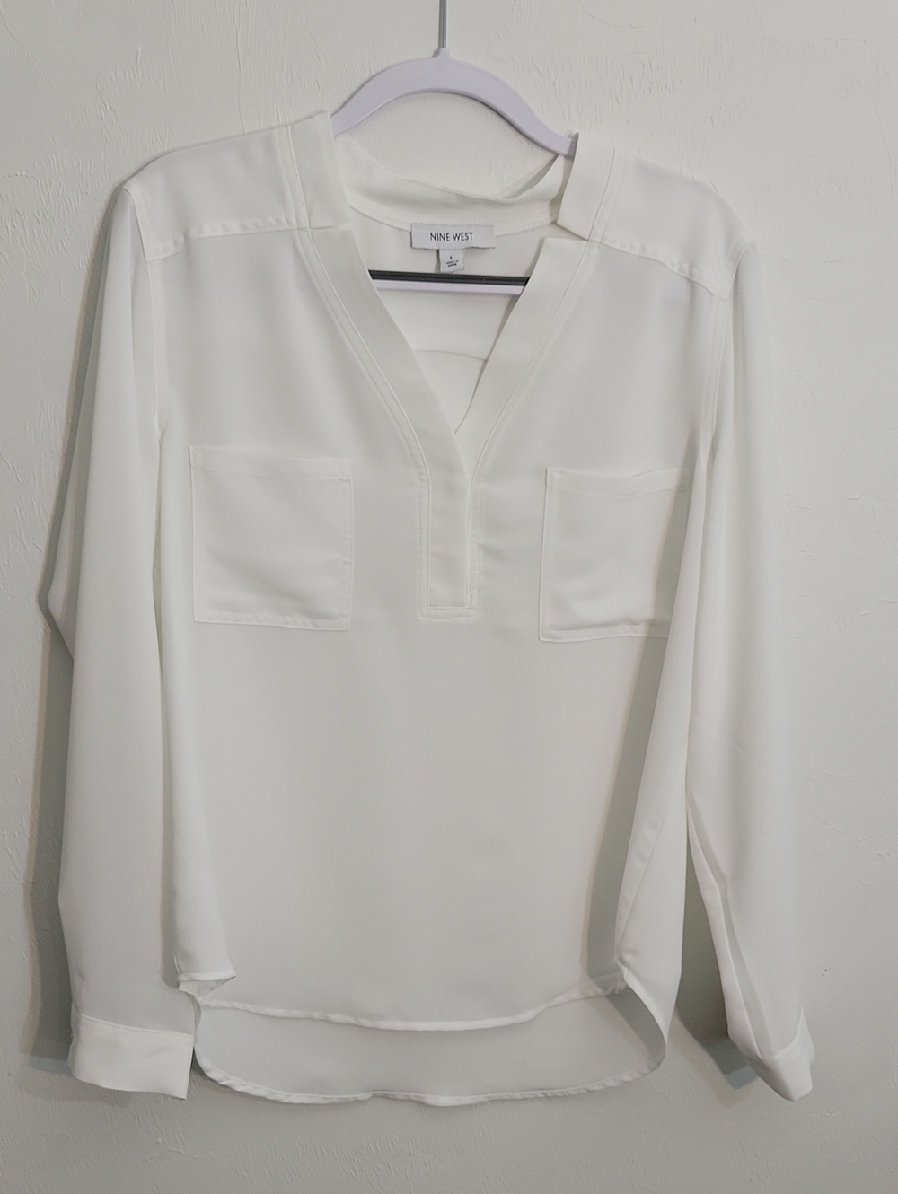 Nine West White V-Neck Long Sleeve Pocket Blouse